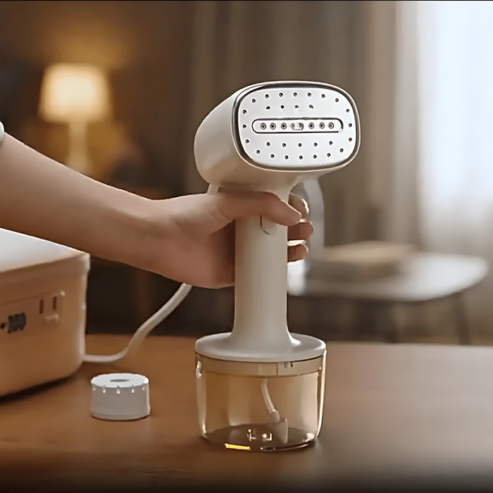 Hand holding a portable garment steamer in a home setting, with steam visible coming from the head.