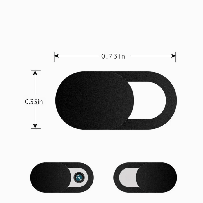 A black webcam slide cover with dimensions labeled. It measures 0.73 inches in width and 0.35 inches in height. The inset images demonstrate the cover in both closed and open positions on a webcam, illustrating its functionality for privacy.