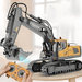 Toy excavator being remotely controlled on a tabletop, featuring detailed tracks and cabin. The remote control is brown with dual joysticks.