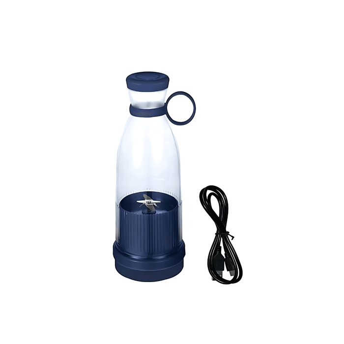 A blue version of the portable blender with a USB charging cable, showing the complete set. Display on white background.