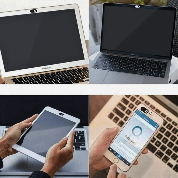 The devices shown include both laptops and handheld devices, all fitted with similar webcam slide covers. These covers appear robust and are matched to the device's color, providing not only functionality but also aesthetic harmony with the device.