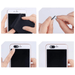 This sequence highlights the practical application of the webcam slide cover on a smartphone. The cover is discreet and black, matching well with the device. The step-by-step images demonstrate the ease of installation, showing the cover being cleaned, peeled off from a backing, and applied directly over the camera.