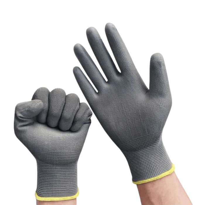 These gloves are gray with a yellow hem at the wrist. There is two hands - one glove in a fist and another open, demonstrating flexibility and fit.