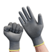 These gloves are gray with a yellow hem at the wrist. There is two hands - one glove in a fist and another open, demonstrating flexibility and fit.