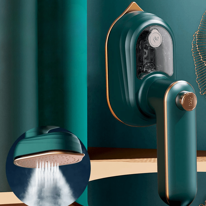 Dark green garment steamer in a stylish setting with an inset showing steam emitting from the steamer head.