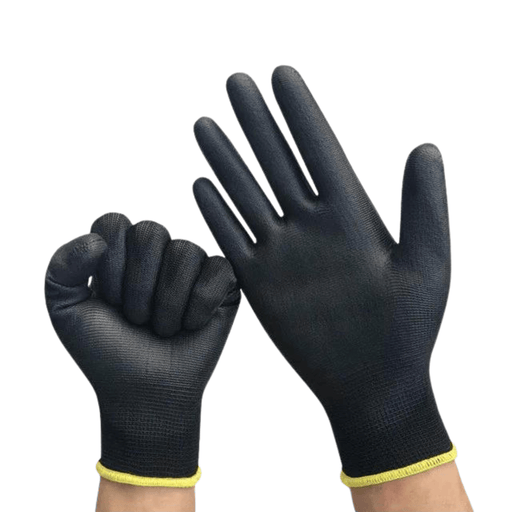 A pair of black work gloves with one in a fist and the other open. The gloves have a yellow hem at the wrist.