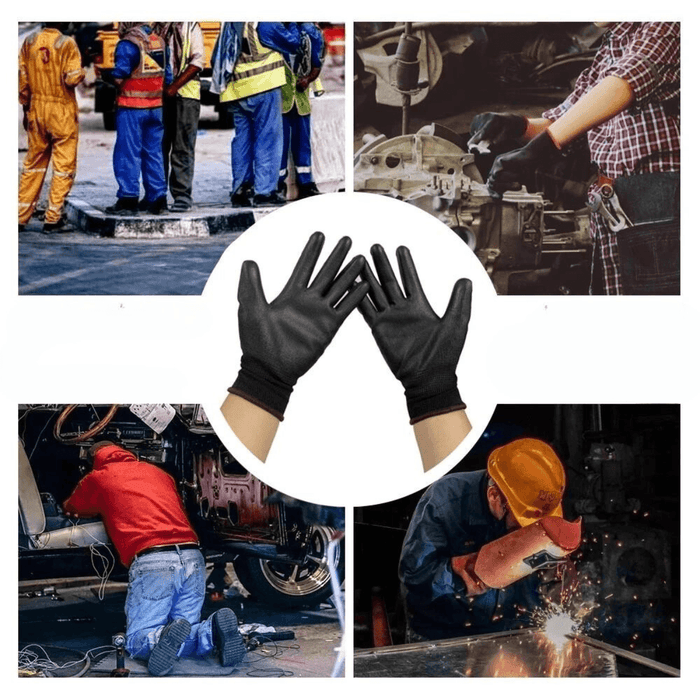 A black work gloves being used in different industrial settings like welding, automotive repair, and construction.The gloves have a sleek design with a snug fit.