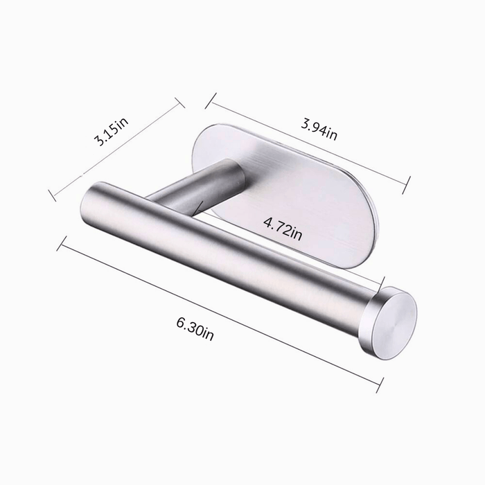 This image details the dimensions of a minimalist toilet paper holder, emphasizing its compact and streamlined design. It measures 6.30 inches in length, with a mounting base width of 3.94 inches and a depth of 4.72 inches. 3.15 inches from the wall, suitable for most bathroom spaces.