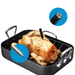 A wireless smart meat thermometer inserted into a whole roasted chicken in a baking pan, showcasing its precision and convenience for cooking.