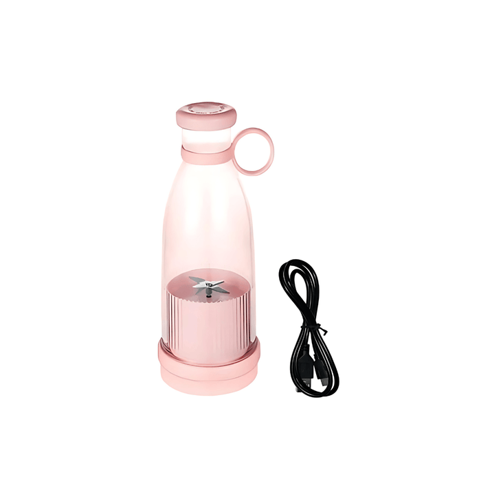 A pink version of the portable blender with a USB charging cable, showing the complete set. Display on white background.