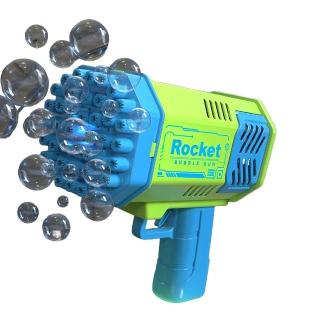 A green and blue rocket-shaped bubble gun releasing multiple bubbles. The gun has multiple nozzles and the word "Rocket" printed on the side.