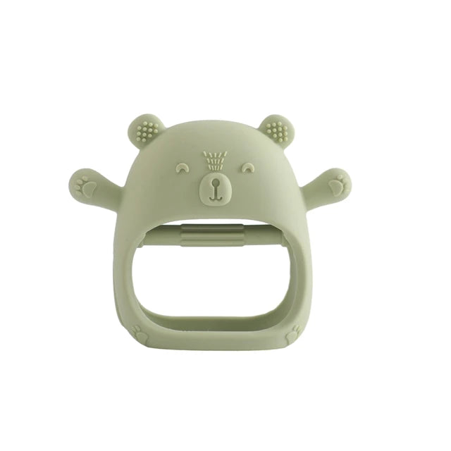 A close-up of a green silicone teether shaped like a bear, shown in front view on a white background.