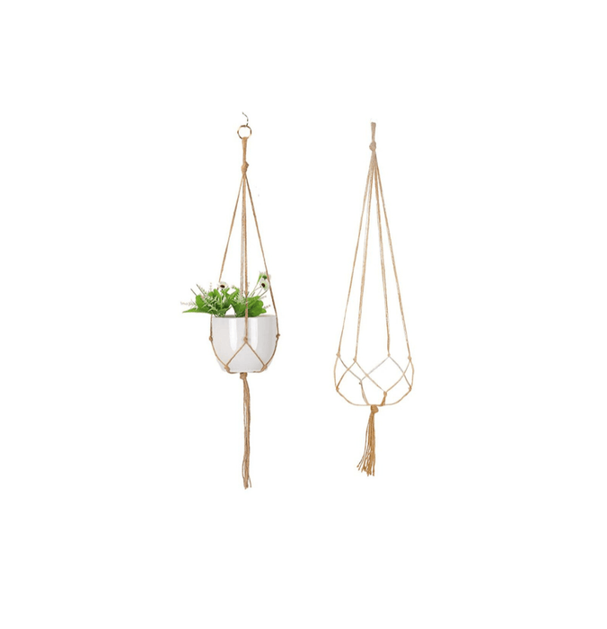 A single macrame plant holder with two tiers, each holding a white pot with green plants. The top pot has a design with brown dripping glaze.