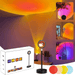 A lamp in a room setting, projecting colorful light onto a wall. The image also includes smaller pictures in the corners showing different lighting effects and scenes, emphasizing the lamp's versatility. A box with the lamp's packaging is also shown. 