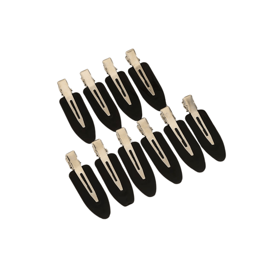 Eight black hair clips displayed in a uniform arrangement to emphasize their sleek design and uniformity. Showing on a white background.