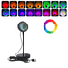 A lamp with a variety of color projection options displayed above it. The lamp itself is shown in a simple, standalone setup with a USB cable, highlighting its compact and versatile design. A color wheel is also shown to emphasize the range of colors the lamp can produce.