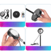 A various components of a lamp, including a circular base, a lamp head, a connecting rod, a USB cable, and a remote control with multiple color options. The photo is divided into four sections to highlight different parts and assembly details of the lamp.