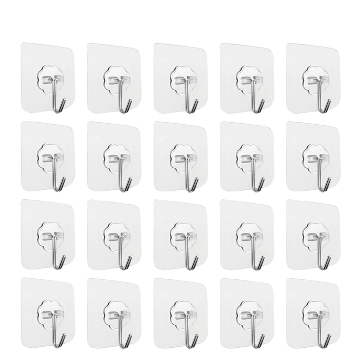 A large set of these adhesive hooks is displayed. The hooks are arranged in a grid pattern, showcasing the quantity available in the set. 