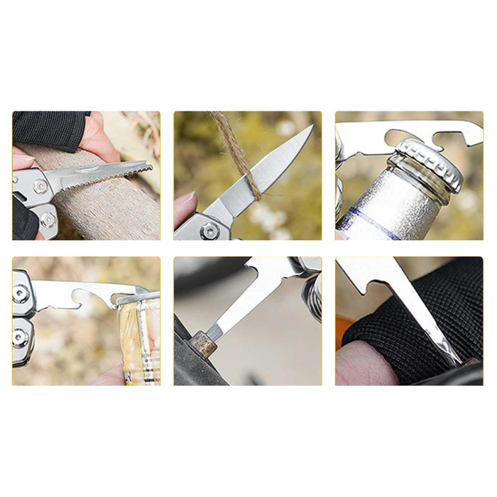 Composite image displaying the different functionalities of the multi-tool, including sawing, cutting, and opening bottles.