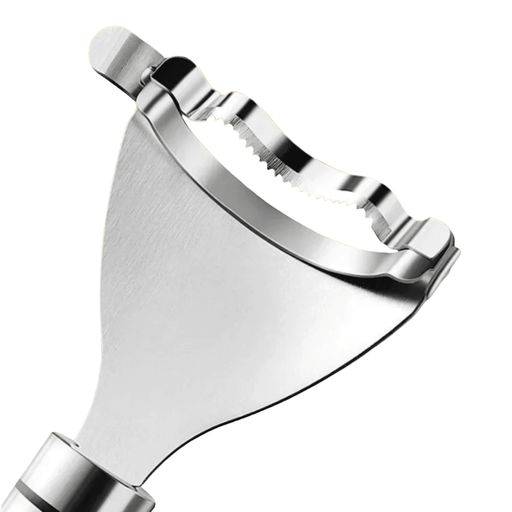 A detailed shot of the corn peeler's blade, showing its serrated edge designed for cutting through the corn kernels smoothly.