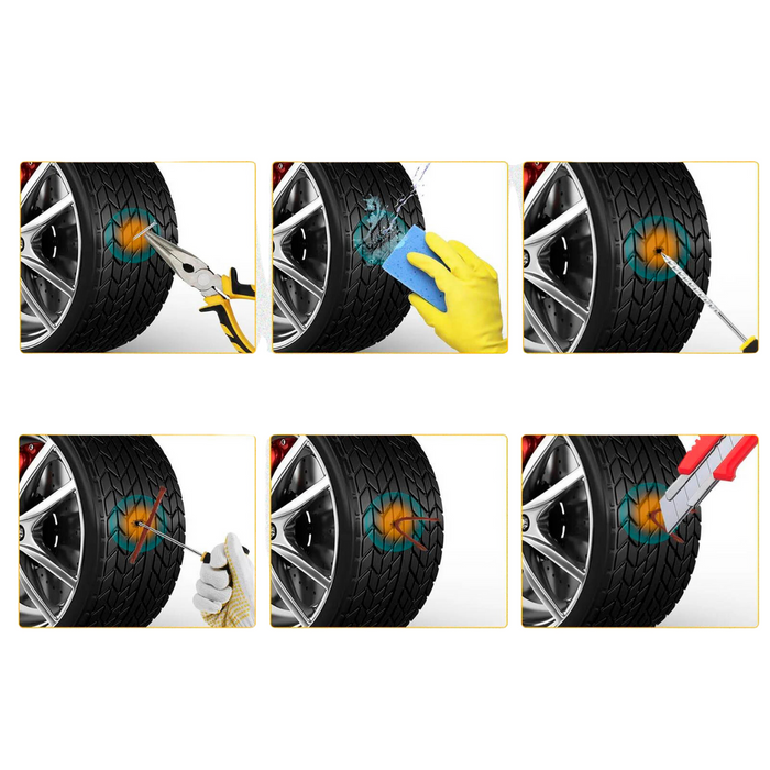 Step-by-step illustrations demonstrating how to repair a punctured tire using the kit.