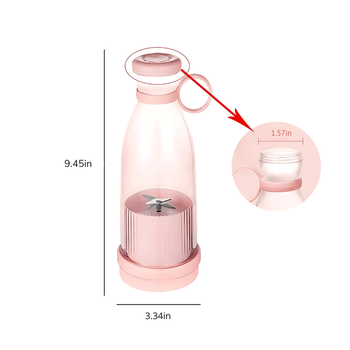 A pink portable blender with a height of 9.45 inches and a base diameter of 3.34 inches, featuring a close-up of the 1.57-inch bottle opening.