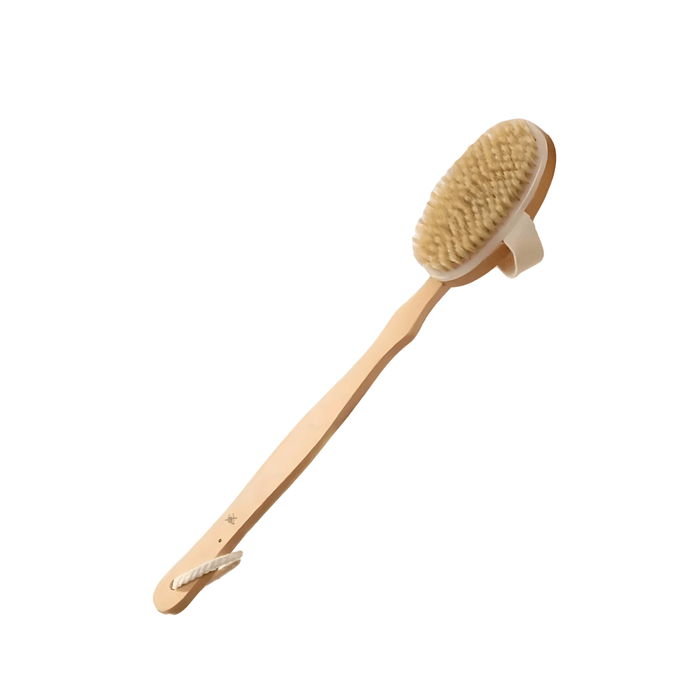 A single bath scrubber with a wooden handle and bristle head is shown on a plain white background. The scrubber head has a strap for hand-held use.