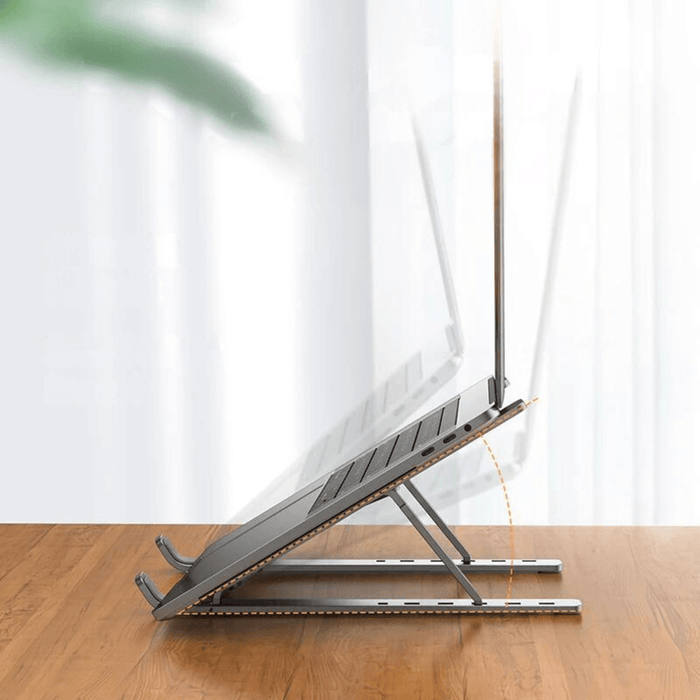 Side view of a laptop on an adjustable stand, showcasing different angle settings.