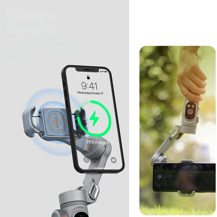 Smartphone on the gimbal with a wireless charging icon, and a person holding the gimbal outdoors.