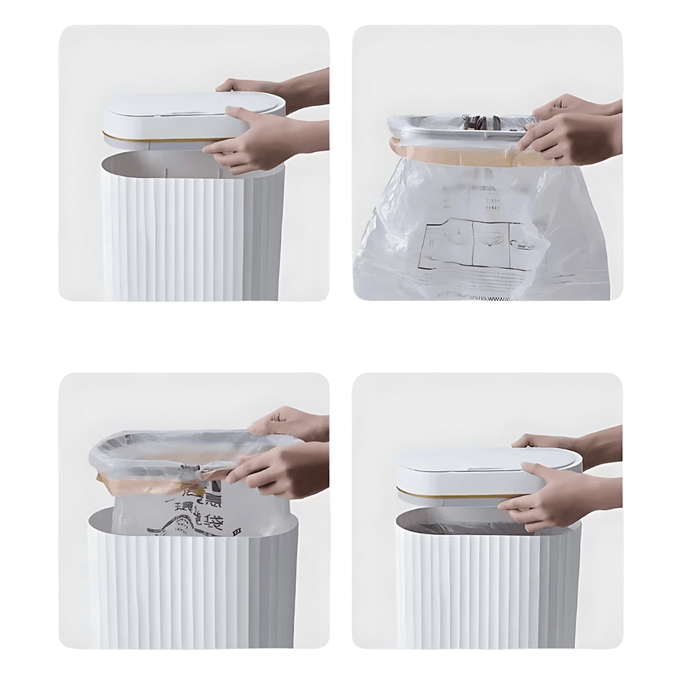 A sequence of images demonstrating the trash can's bag replacement process. Starting from removing the lid, replacing the trash bag, and closing the lid back into place. This sequence highlights the user-friendly design that ensures quick and easy maintenance and cleanliness.