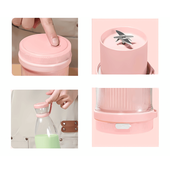 Four images showing different parts of the pink portable blender: the push-button lid, the blade assembly, the handle for easy carrying, and the charging port at the base.