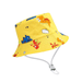 A yellow bucket hat featuring playful dinosaur and cloud designs with an adjustable chin strap.