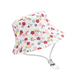 A white bucket hat adorned with a colorful floral pattern in red, pink, yellow, and green, complete with an adjustable chin strap.