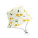 A light-colored bucket hat with yellow crowns and green leaf prints, equipped with an adjustable chin strap.