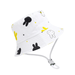 A white bucket hat with black and yellow bunny prints, featuring an adjustable chin strap.