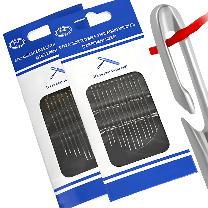 Two packages of Self-Threading Needles with a silver needle beside it.