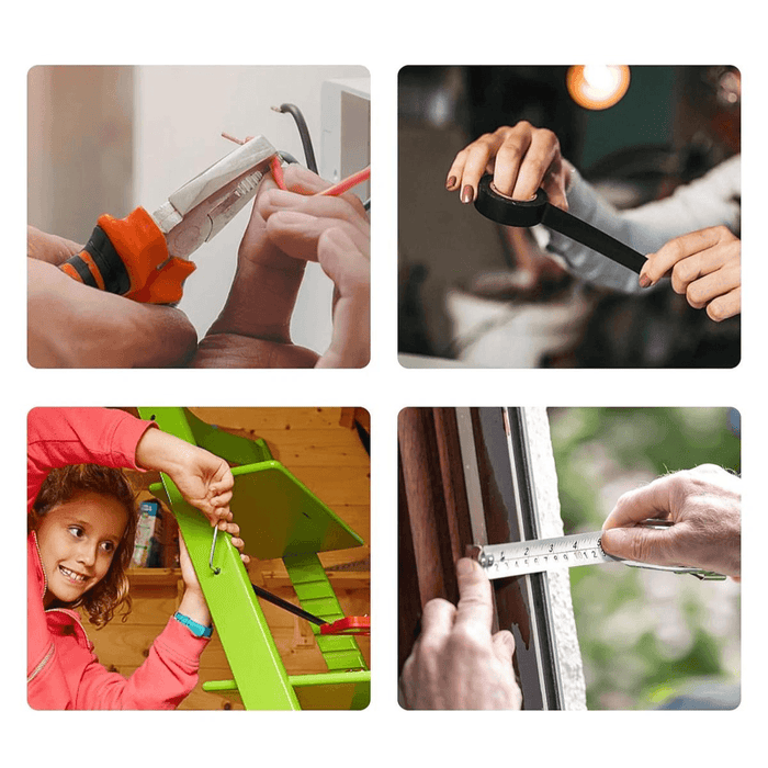 four close-up shots of people using different hand tools: a pair of pliers stripping wire, a hand wrapping electrical tape, a child assembling furniture, and a hand measuring with a ruler. These images highlight the versatility and everyday use of the toolset.