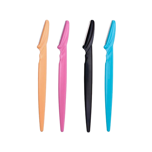 A collection of eyebrow razors in multiple colors—orange, pink, black, and turquoise—each designed with a contoured handle for better grip and control during use. Display on white background.