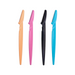 A collection of eyebrow razors in multiple colors—orange, pink, black, and turquoise—each designed with a contoured handle for better grip and control during use. Display on white background.