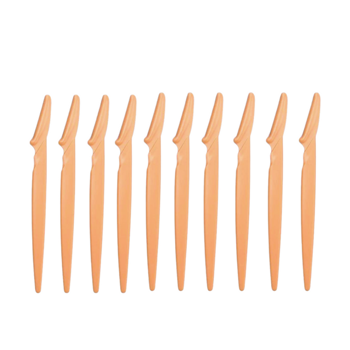 A set of ten peach-colored eyebrow razors, providing a bulk option suitable for frequent users or professional settings. Display on white background.