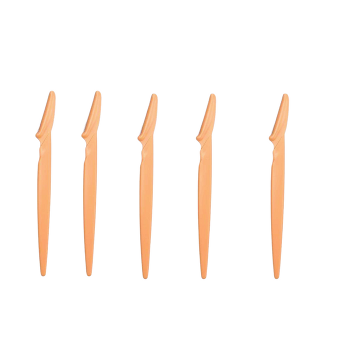 A set of five eyebrow razors in a peach color, aligned horizontally to showcase their uniform design and size. Display on white background.