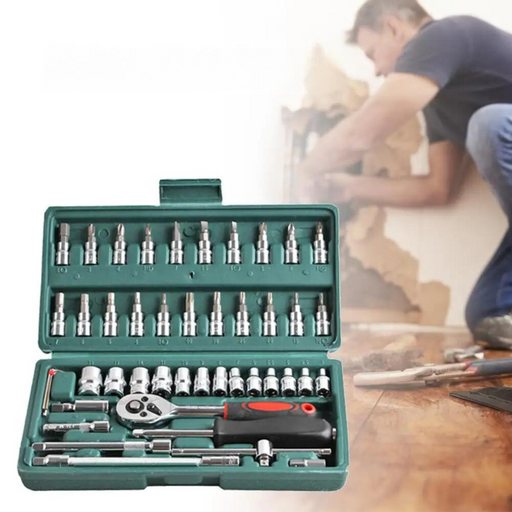 a green plastic carrying case containing a comprehensive set of socket wrenches and bits. In the background, a man is seen working on a wall, illustrating the practical use of the toolset in home improvement projects.