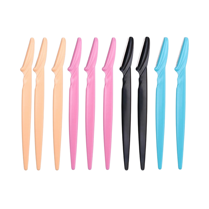 A set of ten eyebrow razors in black, peach-colored, blue and pink, providing a bulk option suitable for frequent users or professional settings. Display on white background.