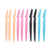 A set of ten eyebrow razors in black, peach-colored, blue and pink, providing a bulk option suitable for frequent users or professional settings. Display on white background.