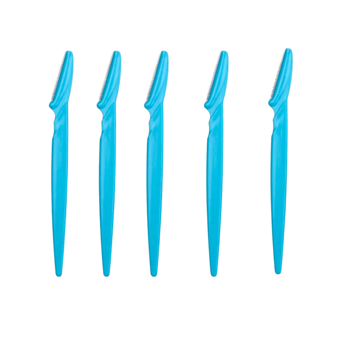 A set of five eyebrow razors in a blue, aligned horizontally to showcase their uniform design and size. Display on white background.