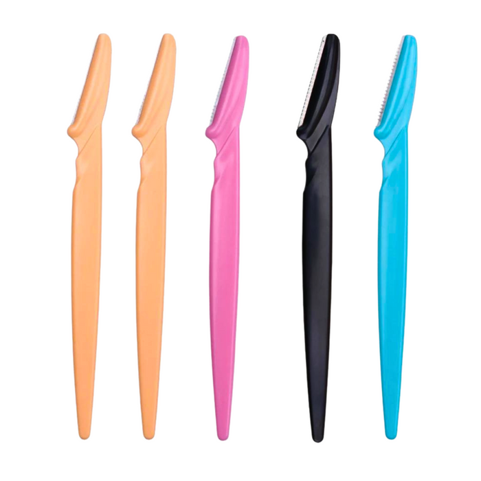 A set of five eyebrow razors in blue, black, peach-colored, and pink, aligned horizontally to showcase their uniform design and size. Display on white background.