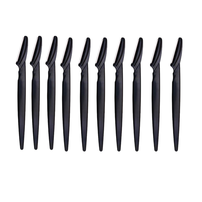 A set of ten black eyebrow razors, providing a bulk option suitable for frequent users or professional settings. Display on white background.