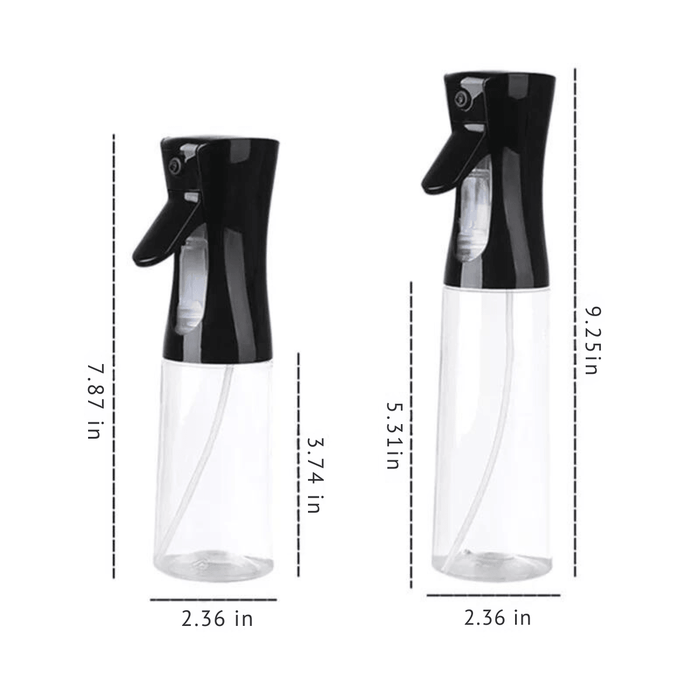 Two black oil spray bottles, one 7.87 inches and the other 9.25 inches tall, with dimensions labeled.