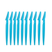 A set of ten blue eyebrow razors, providing a bulk option suitable for frequent users or professional settings. Display on white background.