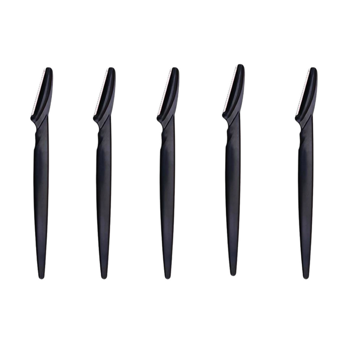 A set of five eyebrow razors in black aligned horizontally to showcase their uniform design and size. Display on white background.